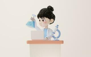 3D cartoon female analyst with chemical vessel, 3d rendering. photo