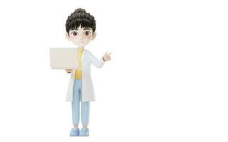 3D cartoon female researcher using computer, 3d rendering. photo