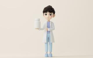 3D cartoon female researcher with a medicine bottle in hand, 3d rendering. photo