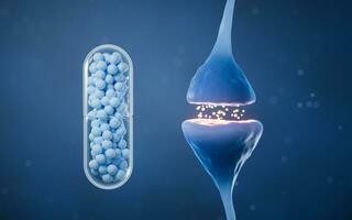 Synapse of neuron cell and capsule, 3d rendering. photo