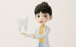 3d dibujos animados hembra investigador y el diente, 3d representación. foto