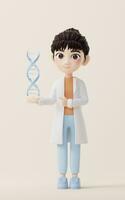 3D cartoon female researcher and DNA, 3d rendering. photo