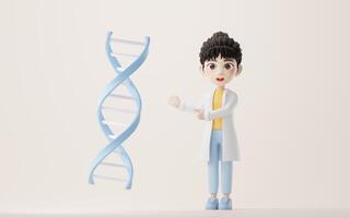 3D cartoon female researcher and DNA, 3d rendering. photo