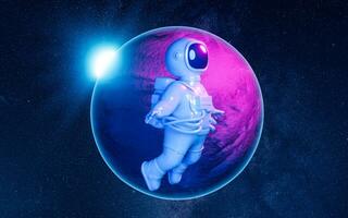 Cartoon spaceman with outer space background, 3d rendering. photo