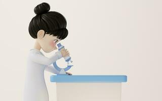 3D cartoon female researcher and microscope, 3d rendering. photo