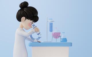 3D cartoon female researcher and microscope, 3d rendering. photo