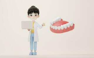 3D cartoon female researcher and the tooth, 3d rendering. photo