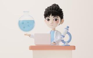 3D cartoon female analyst with chemical vessel, 3d rendering. photo