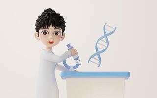 3D cartoon female researcher and DNA, 3d rendering. photo