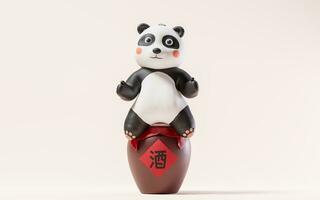 Cartoon panda and wine jar, 3d rendering. Translating on jar wine. photo