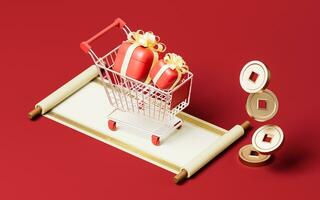 Chinese ancient reel and shopping cart, 3d rendering. photo