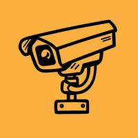 Security camera. CCTV surveillance system. Monitoring, guard equipment, burglary or robbery prevention. Vector illustration isolated on yellow background.