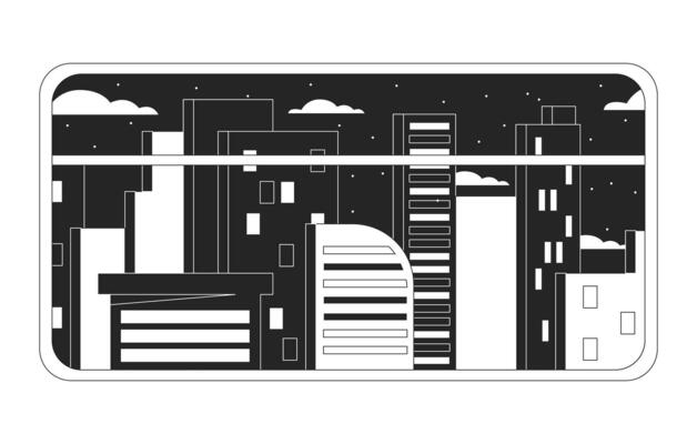 Night city black and white chill lo fi background. Subway window view linear 2D vector cartoon cityscape illustration, monochromatic lofi wallpaper desktop. Bw 90s retro art