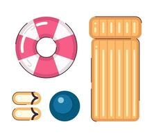 Pool set flat concept vector spot illustration. Summer sandals, ball, lifebelt and inflatable mattress 2D cartoon objects on white for web UI design. Isolated editable creative image