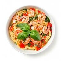 Pasta with shrimps isolated photo