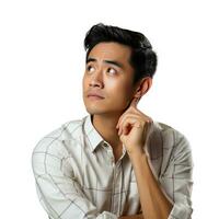 Thinking, face and asian man with decision isolated photo