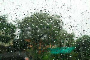 Raindrops on the windshield on a rainy day. photo