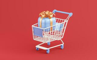 Shopping cart with gift boxes, 3d rendering. photo