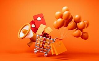 Cartoon shopping cart with shopping theme, 3d rendering. photo