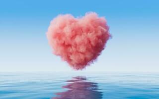 Heart shape soft cloud with water surface, 3d rendering. photo