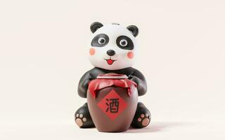 Cartoon panda and wine jar, 3d rendering. Translating on jar wine. photo