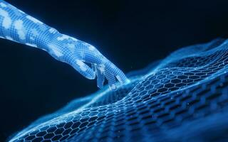 Cyberspace data lines with a virtual hand, 3d rendering. photo