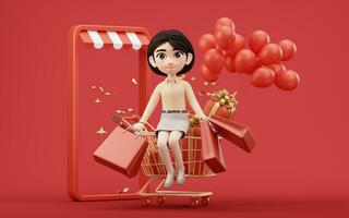 Cartoon girl with shopping cart, 3d rendering. photo