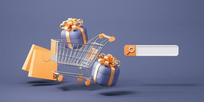 Shopping cart and gift boxes, 3d rendering. photo