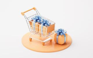Shopping cart and gift boxes, 3d rendering. photo