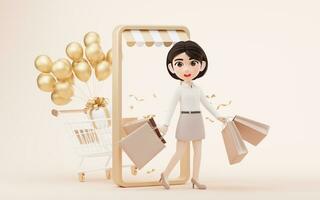 Cartoon girl with shopping cart, 3d rendering. photo