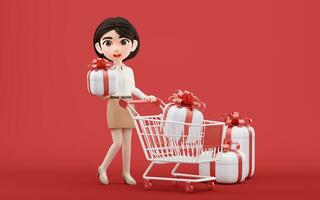 Cartoon girl with shopping cart, 3d rendering. photo