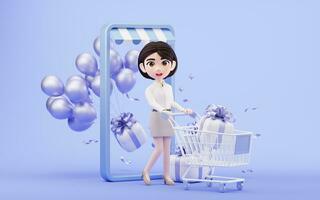 Cartoon girl with shopping cart, 3d rendering. photo