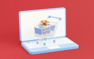 Shopping cart with gift boxes, 3d rendering. photo