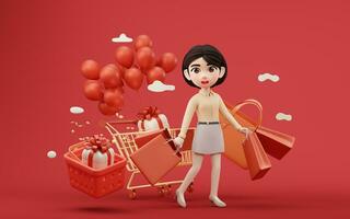 Cartoon girl with shopping cart, 3d rendering. photo