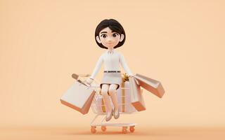 Cartoon girl with shopping cart, 3d rendering. photo