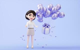 Cartoon girl with gift box, 3d rendering. photo