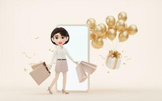 Cartoon girl with gift box, 3d rendering. photo