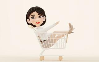 Cartoon girl with shopping cart, 3d rendering. photo