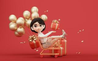 Cartoon girl with shopping cart, 3d rendering. photo