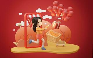 Little girl with shopping theme with cartoon style, 3d rendering. photo