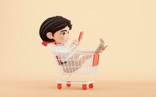 dibujos animados niña con compras carro, 3d representación. foto