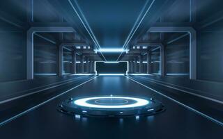 Empty stage in the dark technology tunnel, 3d rendering. photo