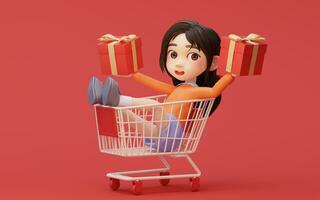 pequeño niña con compras tema con dibujos animados estilo, 3d representación. foto