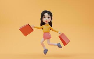 Little girl with shopping theme with cartoon style, 3d rendering. photo