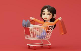 Little girl with shopping theme with cartoon style, 3d rendering. photo
