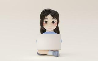 pequeño niña trabajando con ordenador portátil con dibujos animados estilo, 3d representación. foto
