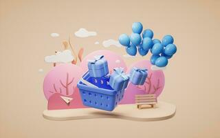 Gift box with balloons with cartoon style, 3d rendering. photo