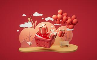 Gift box with balloons with cartoon style, 3d rendering. photo