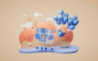 regalo caja con globos con dibujos animados estilo, 3d representación. foto