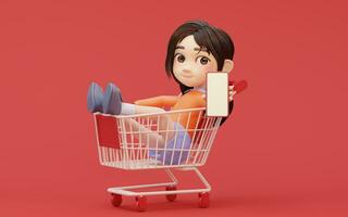 Little girl with shopping theme with cartoon style, 3d rendering. photo